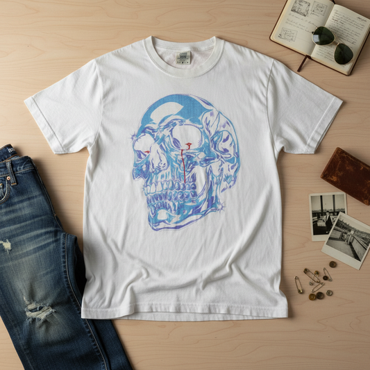Vintage Skull Graphic T Shirt for Gothic and Streetwear Fans | Retro Blue Skull Art Tee | Unique Gift for Him or Her | Perfect Birthday or Halloween Gift for Alternative Fashion Lovers